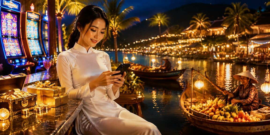 Người chơi slot game trong trang phục áo dài tại Phú Quốc trải nghiệm nền tảng ds3h